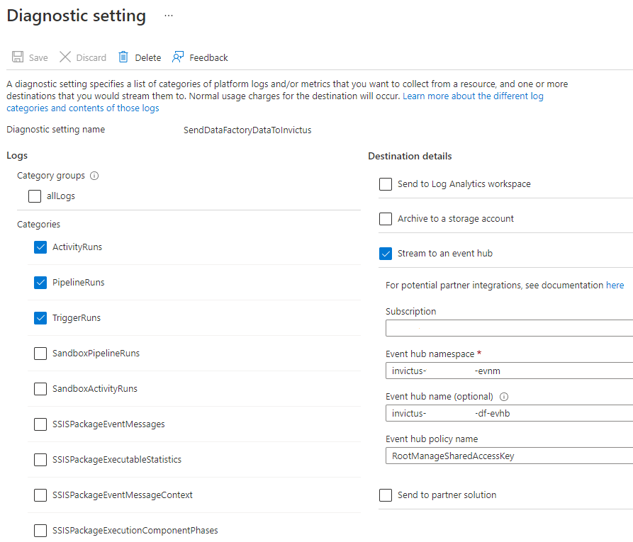 Azure Data Factory diagnostic settings