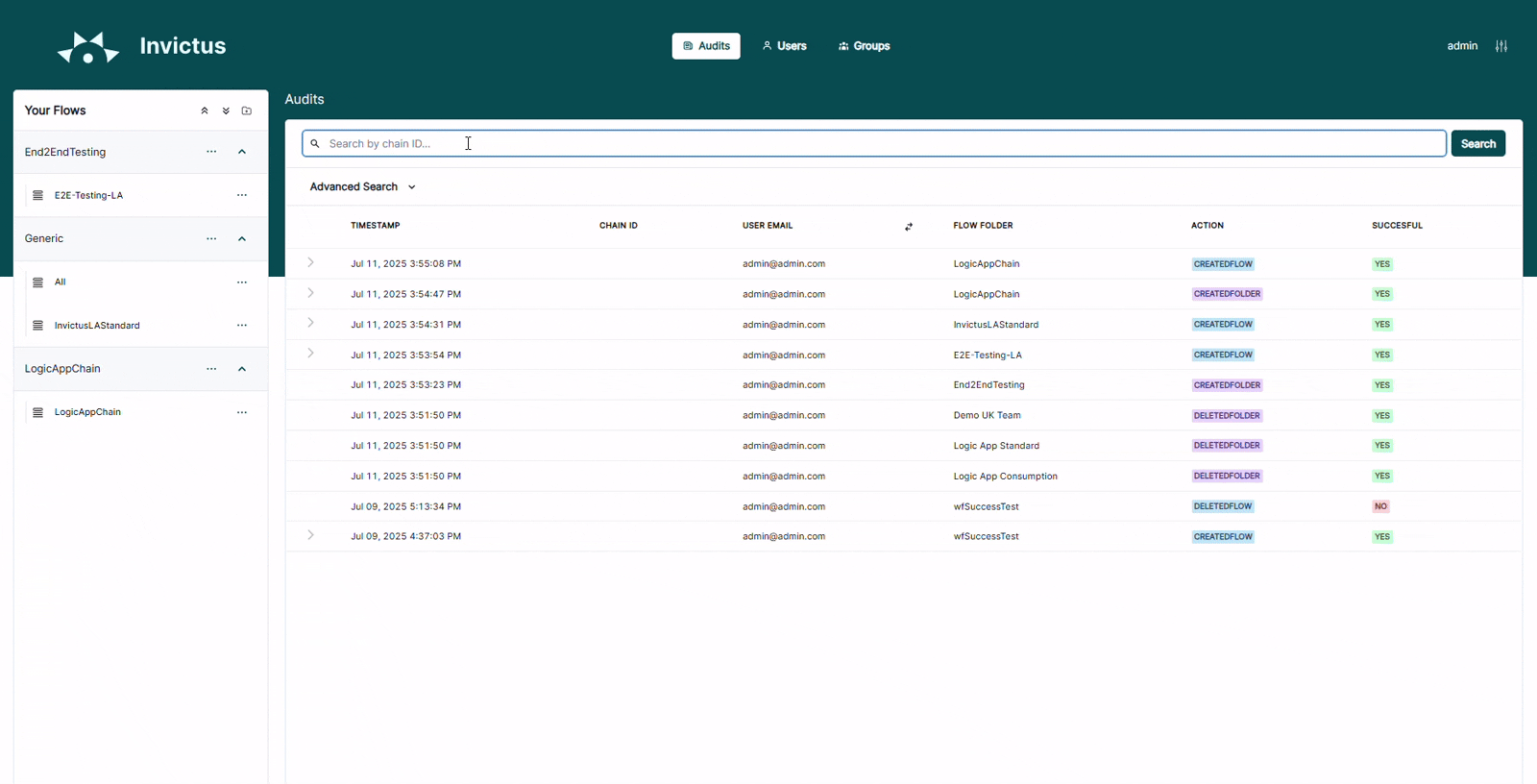 Searching for audits with Chain ID and 'Advance pane'